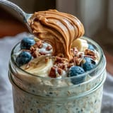 A close-up of High-Protein Peanut Butter Overnight Oats topped with chopped peanuts and blueberries for a nourishing breakfast.