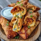 A hand dips a freshly fried Buffalo Chicken Dip Egg Roll into blue cheese dressing, highlighting the melty cheddar and spicy filling.