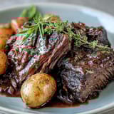 Hearty American beef pot roast served over buttery egg noodles, garnished with fresh parsley in a cozy kitchen setting.