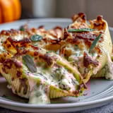 Creamy, cheesy Pumpkin & Gouda Stuffed Shells in a nutty brown butter sage Alfredo, ready to serve.