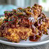 A cast-iron skillet holds golden fried chicken smothered in savory onion gravy, steam rising from the bubbling sauce.