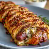 Golden puff pastry-wrapped cocktail sausages with sesame seeds, served with tangy honey mustard dip for game day snacking.