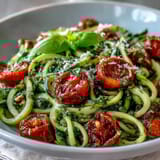 Vibrant zucchini noodles tossed with basil pesto and juicy cherry tomatoes, a fresh summer main dish perfect for a light dinner.  