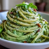 Summer's best: luscious no-cook avocado pesto pasta topped with Parmesan.