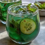 Vibrant Sparkling Cucumber Mint Lemonade Mocktail ready to be poured over ice.