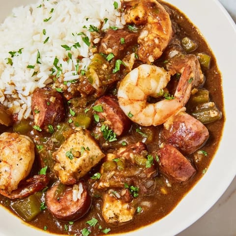 A rich, dark roux highlights this flavorful gumbo with a garnish of fresh green herbs.