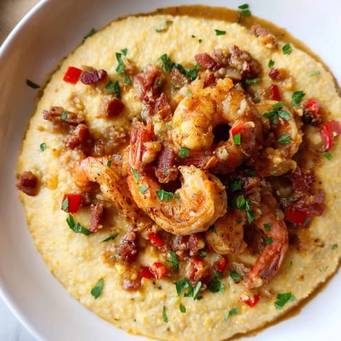Sizzling shrimp sit atop creamy grits in this flavorful Shrimp and Grits dish, ready to eat.