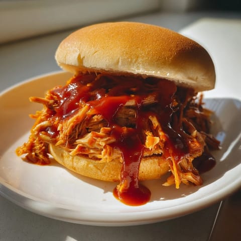 Juicy close-up of a slow-cooked pulled pork sandwich, perfectly piled high on a toasted bun.