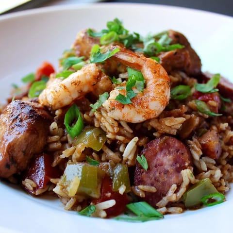 A close-up of a bubbling pot of Creole Jambalaya, a hearty and aromatic rice dish.