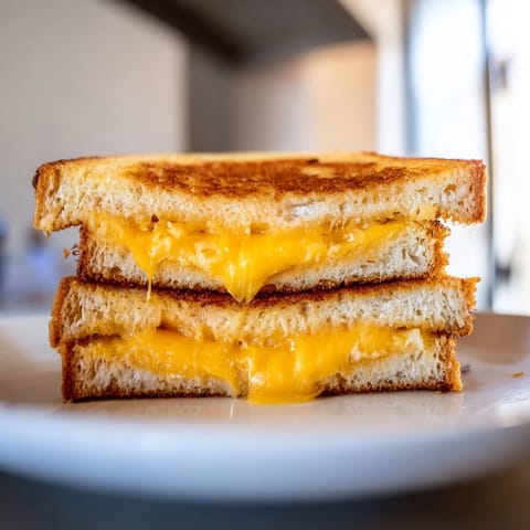Golden, melty cheddar oozes from this crispy grilled cheese sandwich, a simple American comfort food.