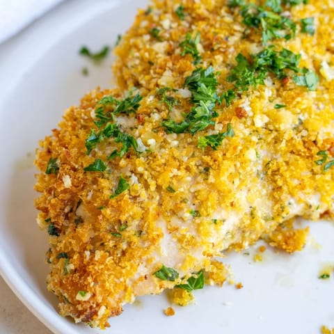 Golden-brown roasted garlic Parmesan chicken breasts, baked to crispy perfection and garnished with fresh parsley on a rustic platter.