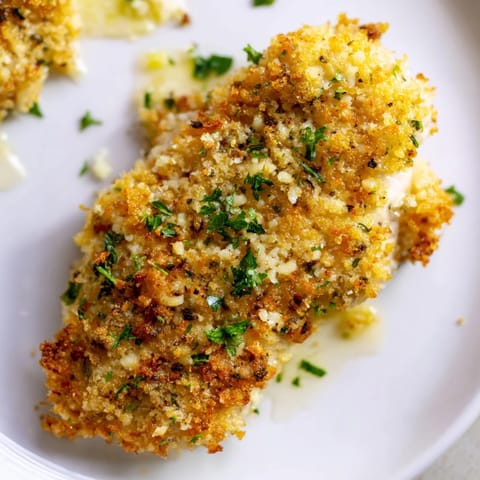 A close-up of tender roasted garlic Parmesan chicken with a crunchy, buttery crust, served alongside colorful roasted vegetables.