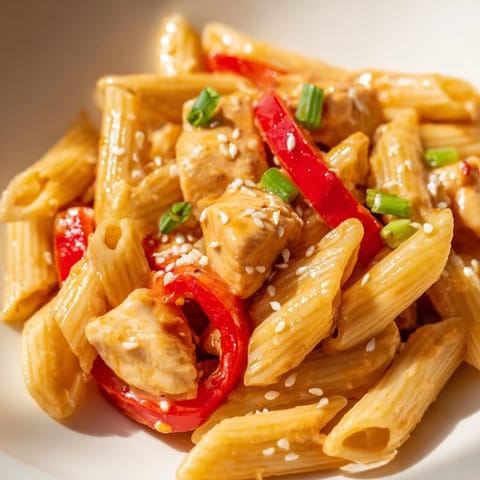 A close-up of Sweet Chili Chicken Pasta in a white bowl, highlighting the glossy sweet chili cream sauce clinging to each penne noodle.  