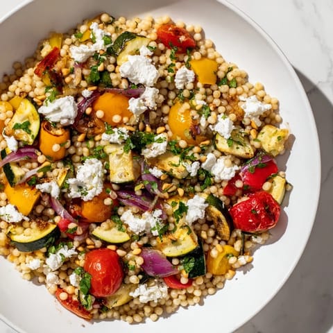 Bright Mediterranean Roasted Veggie Couscous Salad with roasted vegetables tossed in zesty lemon dressing, garnished with fresh herbs on a rustic serving platter.