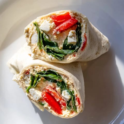 Vibrant Mediterranean Veggie Wrap layered with tangy feta cheese and vegetables on a soft flour tortilla.