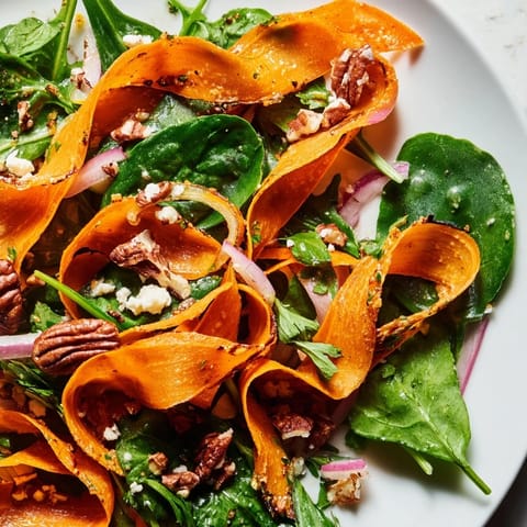 Golden roasted carrot ribbons, tender and lightly caramelized, arranged over a bed of mixed greens in this vibrant Roasted Carrot Ribbon Salad, finished with a honey-mustard vinaigrette.