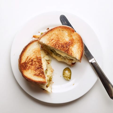 Close-up of Jalapeño Havarti Grilled Cheese with crispy sourdough, gooey Havarti, and vibrant green jalapeños on a marble surface.  