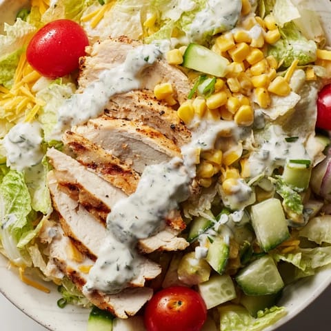 Fork-tender grilled chicken chunks nestled in a Ranch Chicken Chopped Salad featuring fresh vegetables, shredded cheddar, and a creamy Greek yogurt ranch dressing.