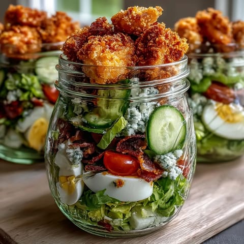 A mason jar salad filled with golden crispy chicken bites, diced avocado, cherry tomatoes, cucumber, and tangy blue cheese dressing.  
