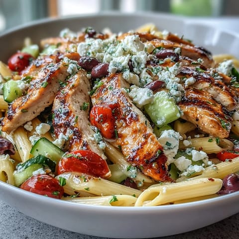 Freshly cooked pasta is layered with juicy cherry tomatoes, crumbled feta, and vibrant red onion for a Mediterranean-inspired dinner.