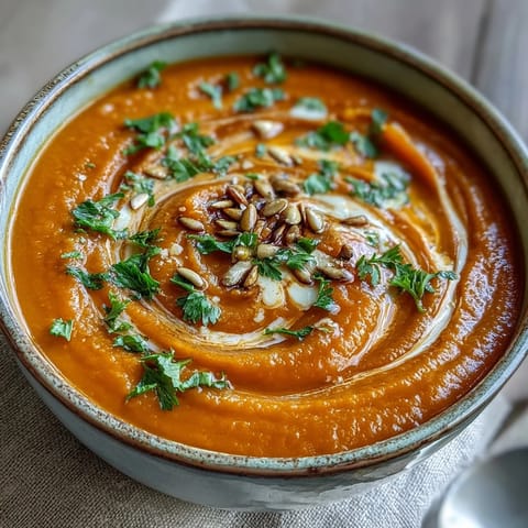 A bowl of vibrant Carrot Ginger Soup garnished with fresh herbs and a swirl of coconut cream, ready to serve as a comforting vegan meal.  