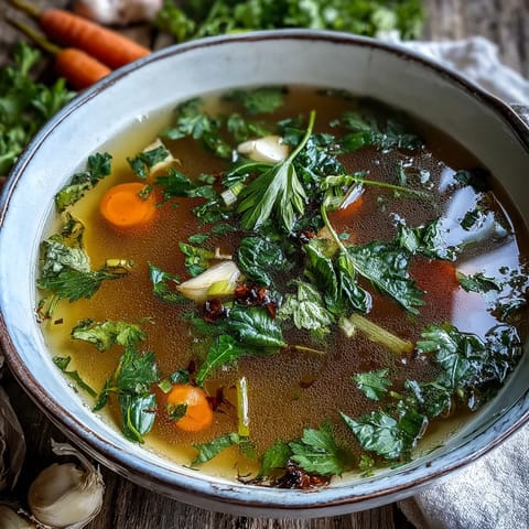 A pot of golden homemade Vegetable Broth From Scraps simmers with aromatic herb sprigs and vegetable peelings.