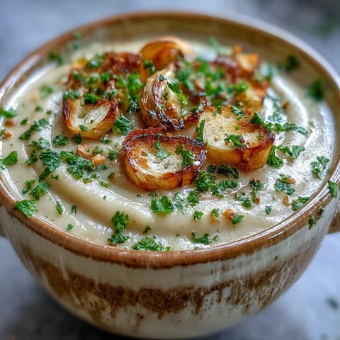 A warm bowl of Roasted Garlic Soup garnished with fresh parsley and crispy croutons.