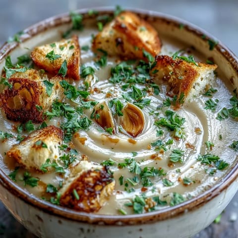 Roasted Garlic Soup simmering in a pot with a bay leaf and potatoes.