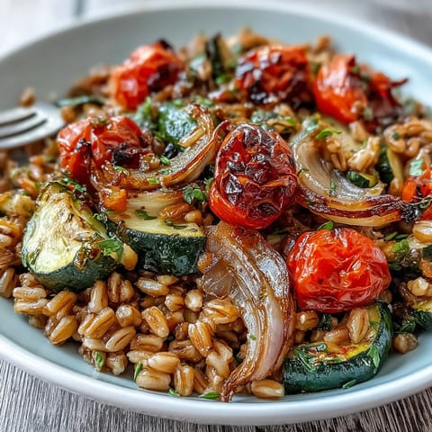 Hearty bowl of farro with roasted vegetables, tossed with fresh parsley and crumbled feta for a Mediterranean-inspired meal.