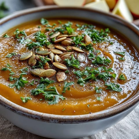 Butternut Squash and Apple Soup being poured from a pot into a white bowl, showing its velvety texture and steam rising.