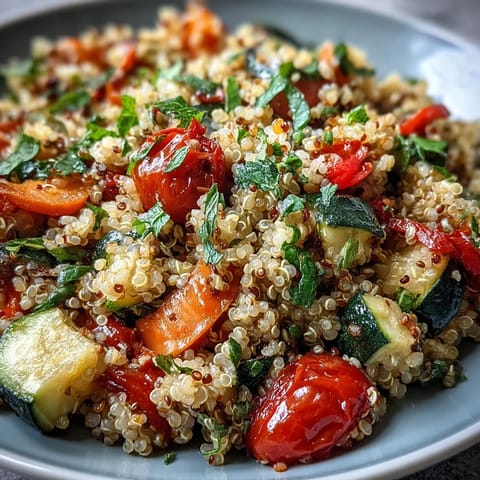 A hearty bowl of gluten-free quinoa vegetable pilaf garnished with fresh parsley and lemon, perfect for a healthy dinner.