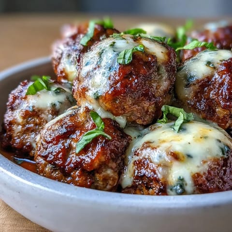Golden-brown Cheesy, Garlicky Meatballs With Marinara simmer in a rich tomato sauce, topped with fresh basil and melted mozzarella.