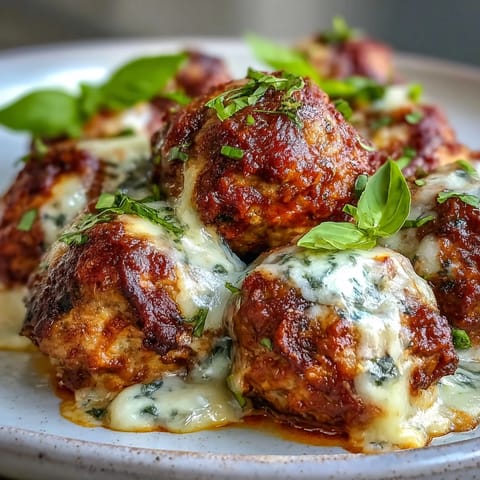 Platter of Cheesy, Garlicky Meatballs With Marinara served over gluten-free pasta, perfect for a hearty Italian dinner.