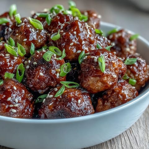 Hearty appetizer portion of tender crock pot meatballs glazed in tangy sweet and sour sauce, served over fluffy white rice.  