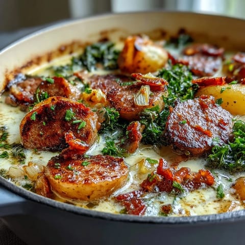 In a rustic kitchen scene, a ladle pours steaming Italian Sausage Soup into a bowl garnished with crispy bacon and fresh herbs.