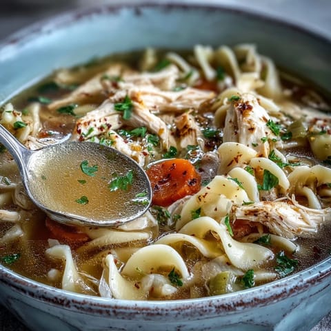 Hearty Instant Pot Chicken Noodle Soup served in a rustic bowl, garnished with fresh green parsley and black pepper.