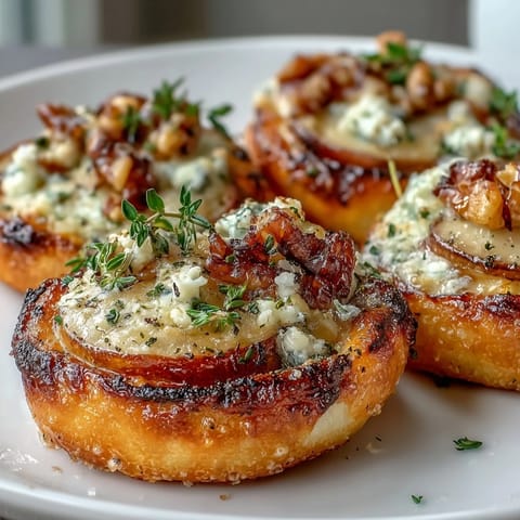 Fresh thyme and a honey drizzle garnish these warm pear and Gorgonzola pizzettes.