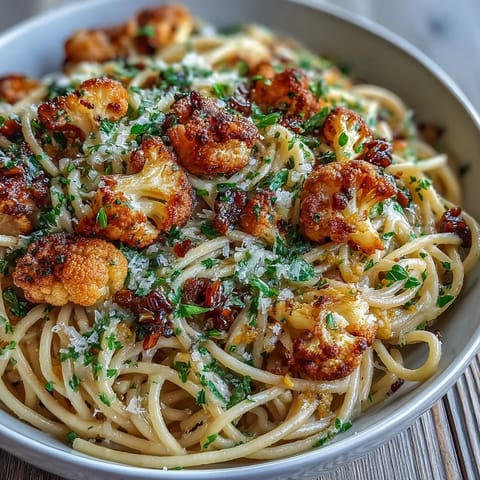Plated Cauliflower, Anchovy and Raisin Spaghetti with a lemon zest finish, ideal for a low-calorie Italian dinner.