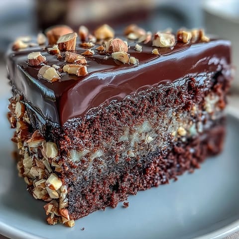 Chocolate Celebration Cake presented as a layered dessert with glossy ganache and crunchy hazelnut praline topping, ideal for a festive party.
