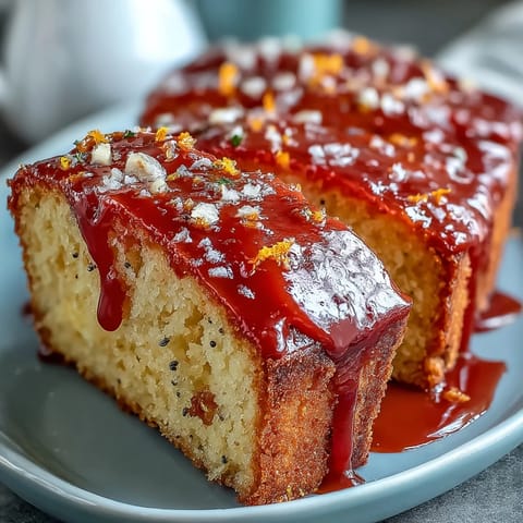 The moist crumb of Blood Orange Loaf Cake with Poppy Seeds and Marzipan, drizzled with sweet glaze.