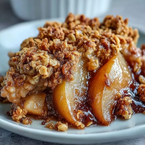 A scoop of vanilla ice cream slowly melts over tender baked pears in this classic dessert.