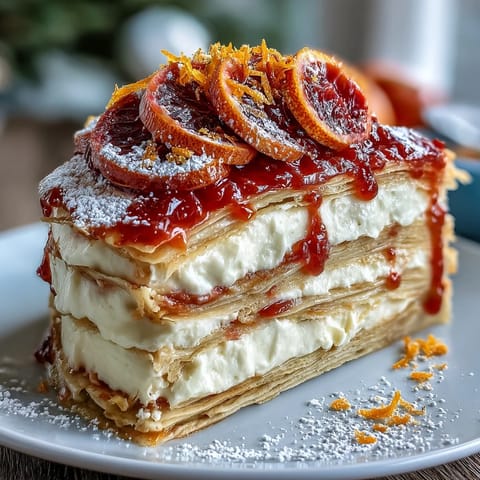 Tall Blood Orange Curd Crêpe Cake with neat layers, powdered sugar dusting, and a serving knife on a white plate.