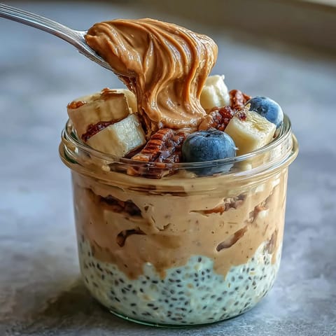 Creamy High-Protein Peanut Butter Overnight Oats layered in a glass jar with fresh banana slices and a drizzle of honey.