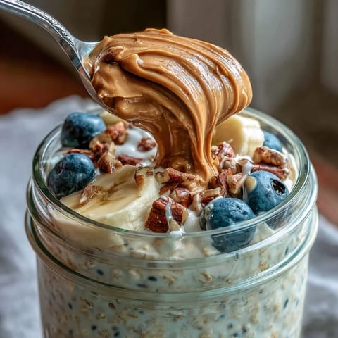 A close-up of High-Protein Peanut Butter Overnight Oats topped with chopped peanuts and blueberries for a nourishing breakfast.