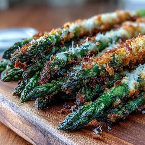 Golden-brown Crispy Asparagus Asiago Spears arranged on a baking sheet with lemon wedges and fresh parsley garnish.  