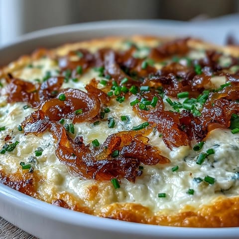 A warm, bubbly Smoked Gouda & Onion Dip topped with fresh chives is ready to scoop with crunchy tortilla chips.