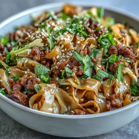 Steaming Potsticker Noodle Bowls topped with seasoned ground pork, crisp veggies, and sesame seeds, ready to enjoy.