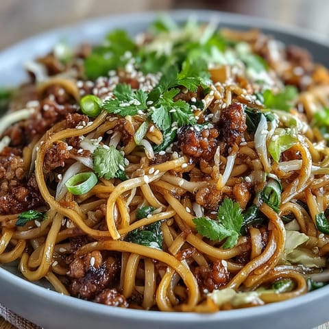 Savory Potsticker Noodle Bowls tossed with tender rice noodles, sautéed cabbage, carrots, and a rich soy-ginger sauce.