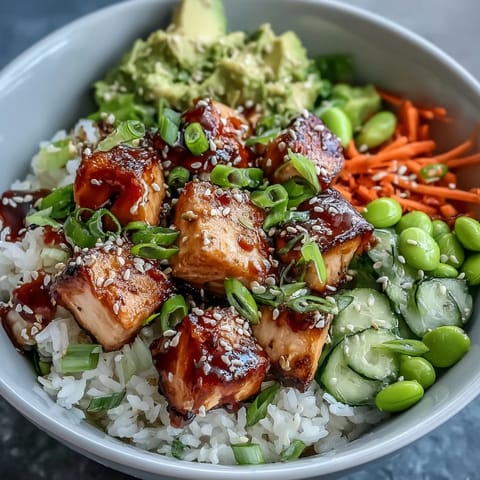 Flaky broiled salmon cubes and vibrant fresh vegetables sit atop fluffy steamed rice in this Baked Salmon Rice Bowl.  