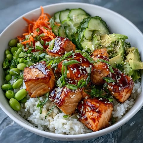 Colorful Baked Salmon Rice Bowl with avocado, edamame, and carrots drizzled with sriracha mayo for a quick dinner.  